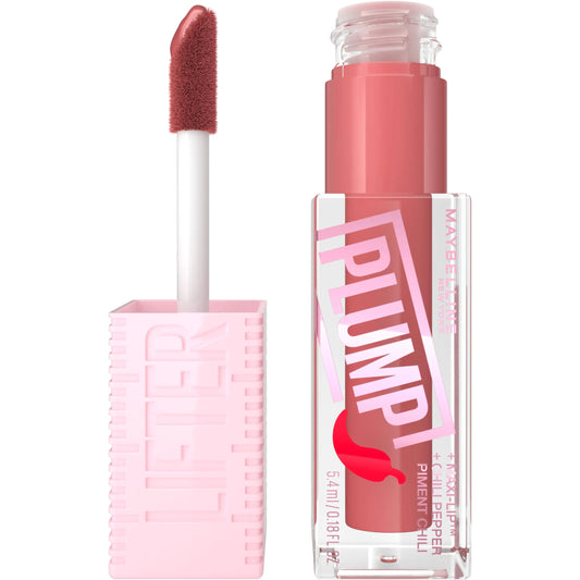 MAYBELLINE Lifter Gloss Lifter Plump, Plumping Lip Gloss with Chili Pepper and 5% Maxi-Lip, Peach Fever, Peachy Nude Cream, 1 Count 5 PEACH FEVER 0.18 Fl Oz (Pack of 1)